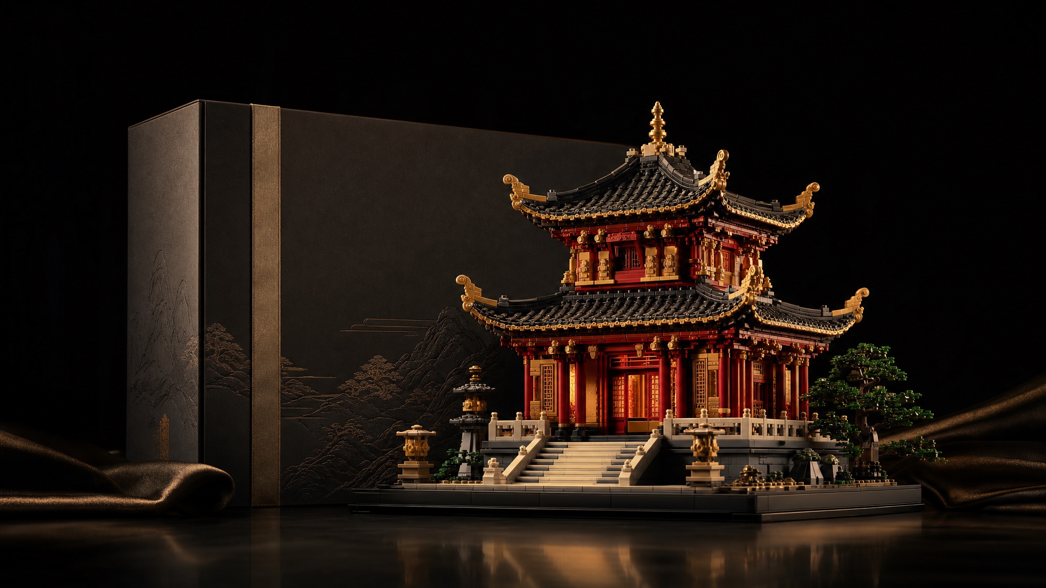 东方建筑积木与高端礼盒的企业文创概念画面